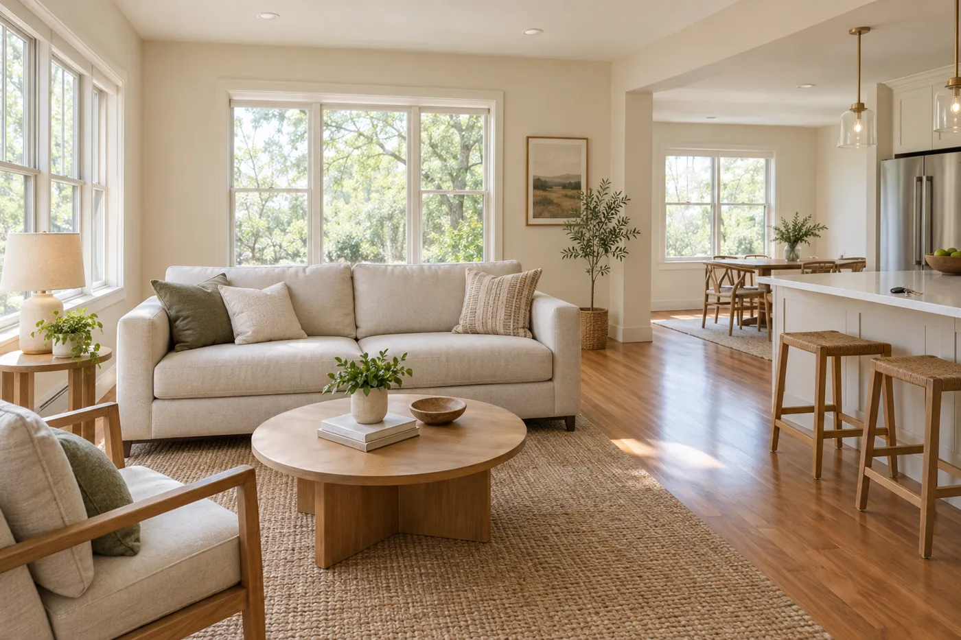 A bright, freshly cleaned living room in a move-in-ready rental home