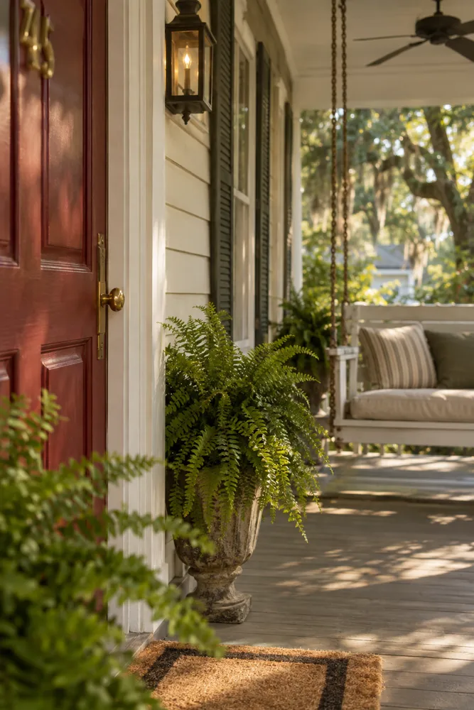 A front porch with a deep red front door, potted ferns and a porch swing