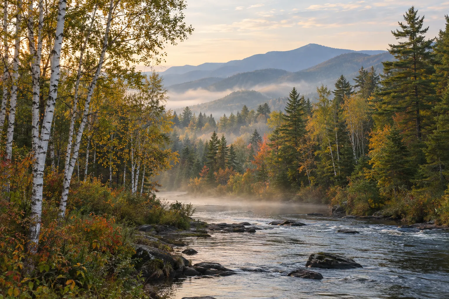 A misty river winding through white birch trees and evergreens, with mountains in the distance